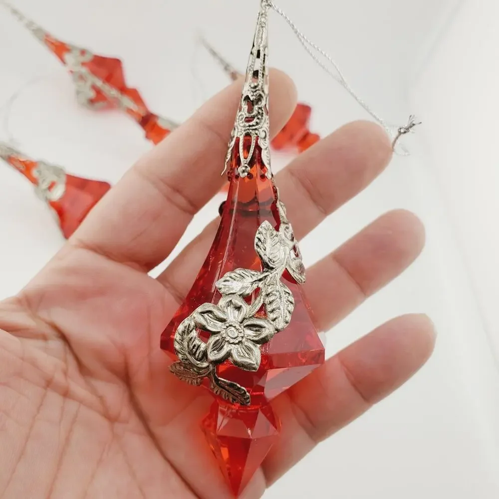 Vintage Beautiful Embellished Teardrop Christmas Ornament X5 Acrylic & Silver